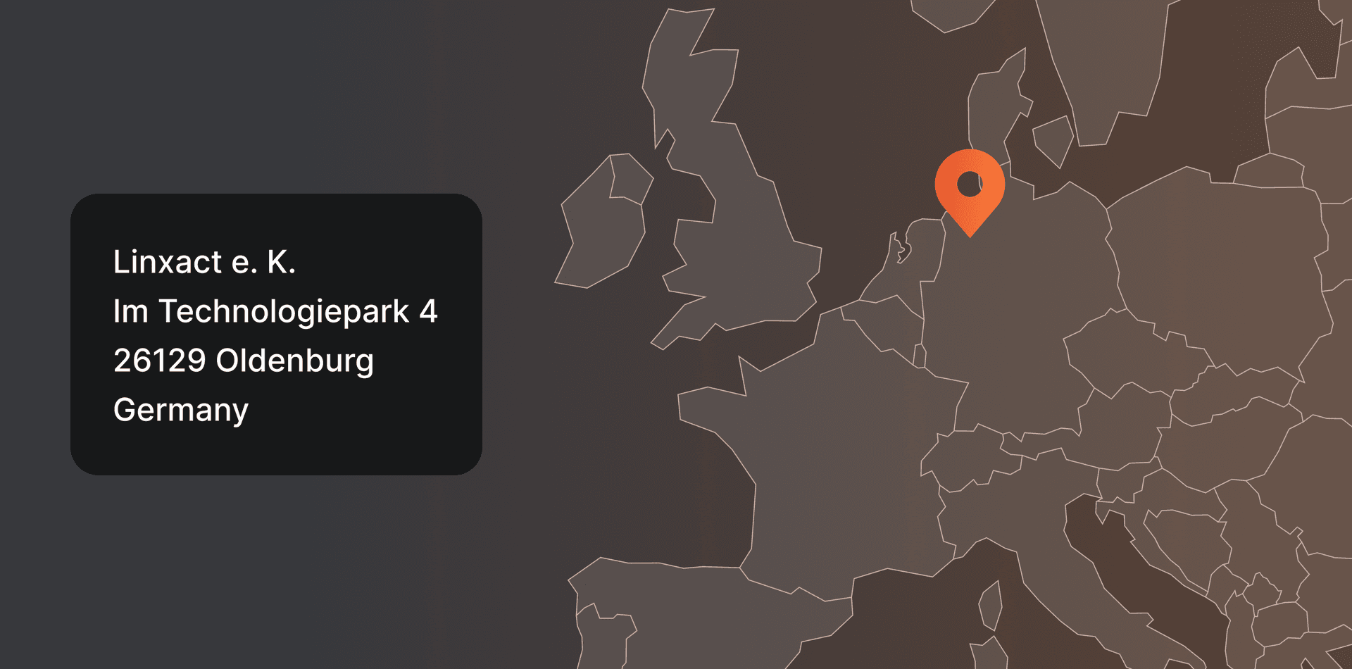 Map of a part of Europe including Germany showing the location of Linxact's firm address in Oldenburg, Germany