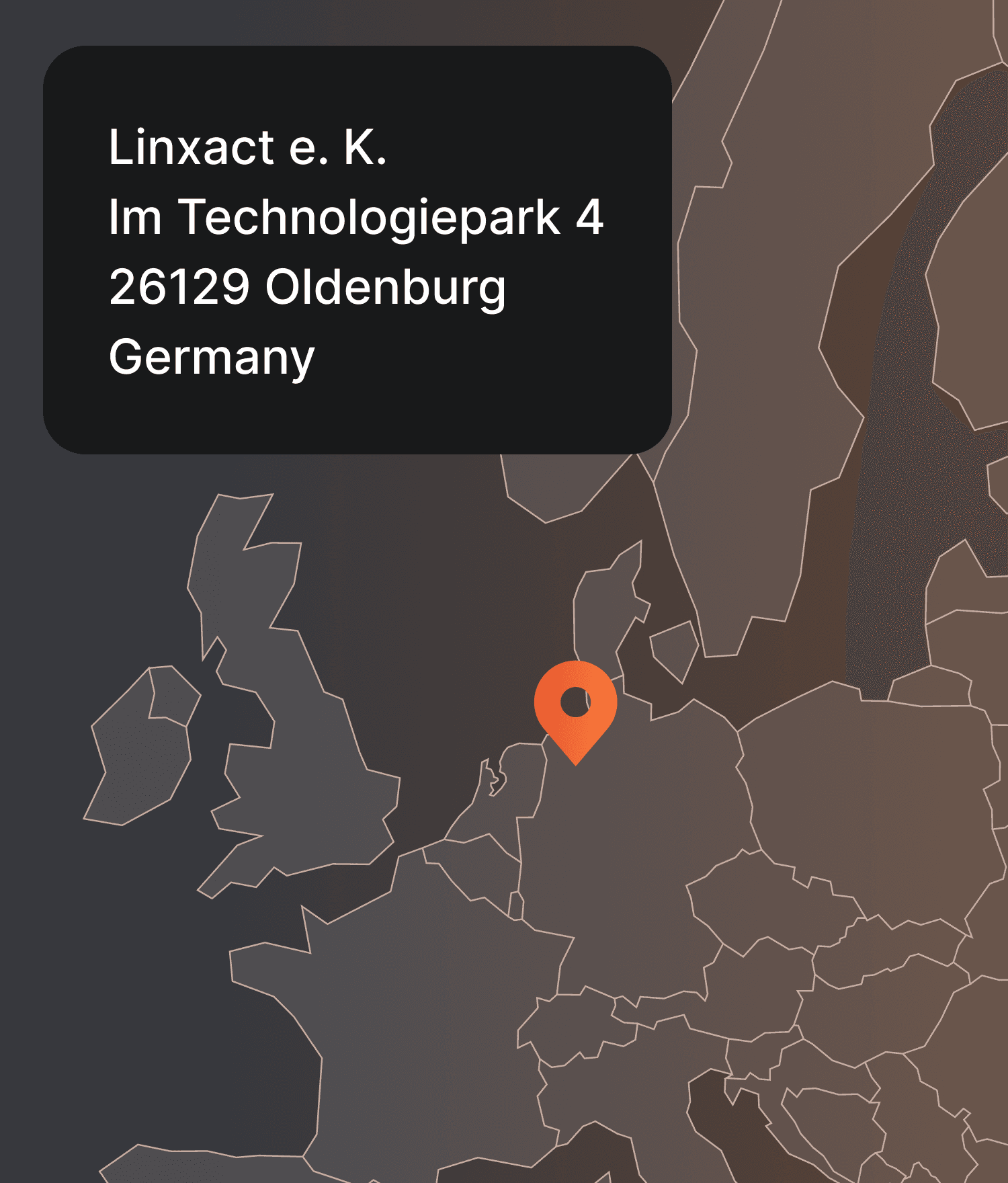 Map of a part of Europe including Germany showing the location of Linxact's firm address in Oldenburg, Germany