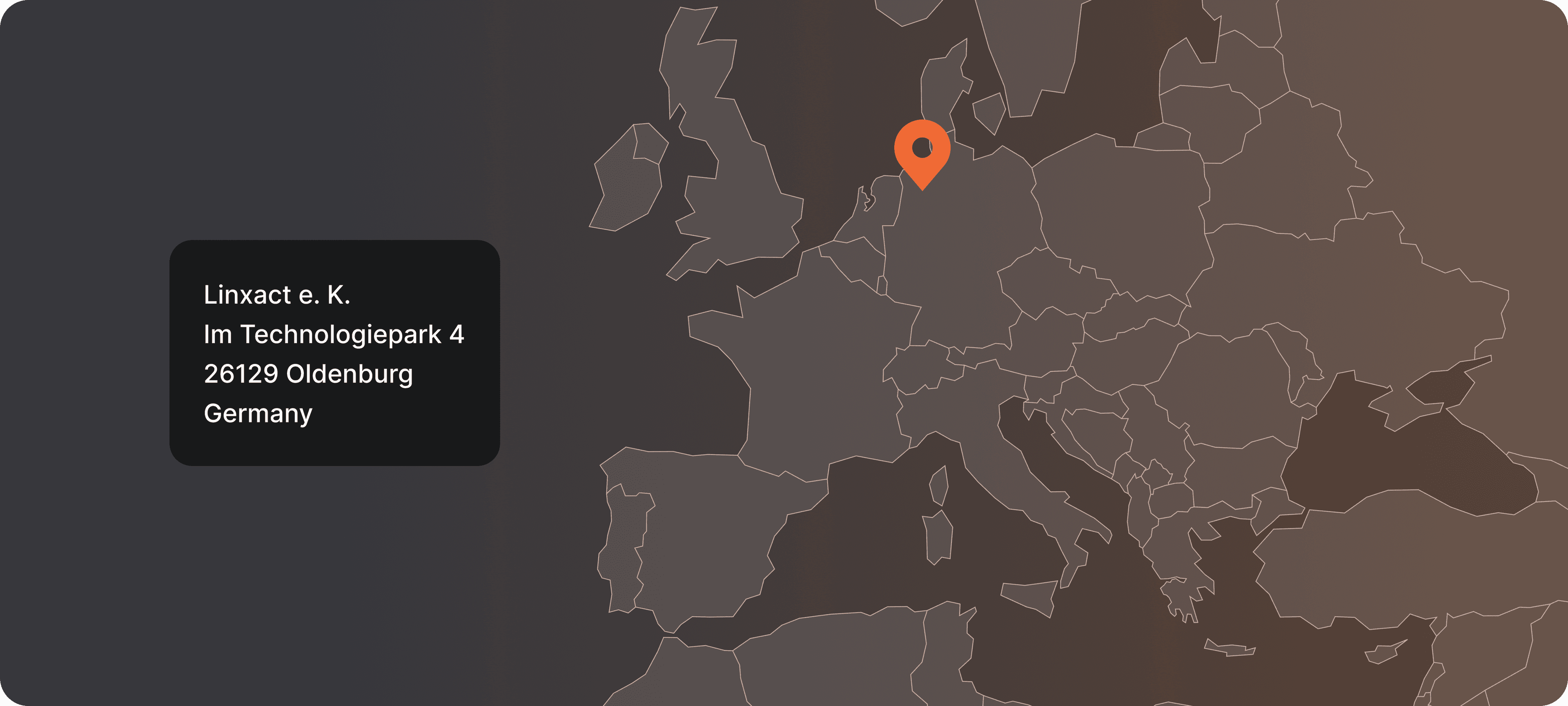 Map of a part of Europe including Germany showing the location of Linxact's firm address in Oldenburg, Germany