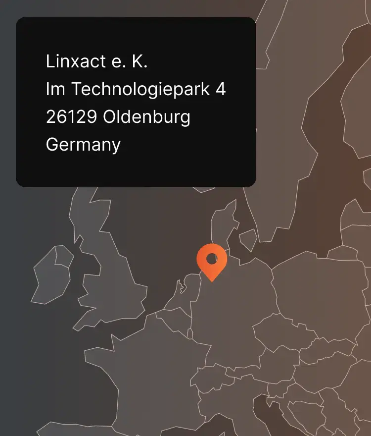 Map of a part of Europe including Germany showing the location of Linxact's firm address in Oldenburg, Germany